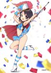  1girl :o aiguillette armpits arms_up black_hair blue_cloak blue_skirt boots cloak commentary_request confetti cropped_shirt fanbox_username full_body hat high_heels holding_baton idolmaster idolmaster_cinderella_girls knee_boots looking_at_viewer marching_band marching_band_baton microskirt navel no_panties sasaki_chie shako_cap shirt short_hair skirt sleeveless sleeveless_shirt solo standing standing_on_one_leg stomach two-sided_cloak two-sided_fabric virus-g 