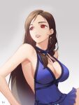  1girl absurdres armpit_peek bare_arms bare_shoulders black_hair blue_dress breasts brown_hair cleavage commentary crescent crescent_earrings dress earrings eyelashes final_fantasy final_fantasy_vii final_fantasy_vii_remake glint gold_earrings gradient_background hair_behind_ear halterneck highres jewelry large_breasts long_hair looking_to_the_side neck_ribbon official_alternate_costume parted_lips phf pink_lips red_eyes ribbon short_dress signature single_earring single_sidelock smile solo swept_bangs tifa_lockhart tifa_lockhart_(refined_dress) upper_body very_long_hair 