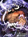  1boy arm_tattoo beard black_hair clenched_hand clenched_teeth club_(weapon) commentary_request copyright_name electricity facial_hair holding holding_club holding_weapon horns kaidou_(one_piece) kanabou long_hair male_focus muscular muscular_male nijihayashi official_art one_piece one_piece_card_game rope scar scar_on_stomach shimenawa shoulder_tattoo solo tattoo teeth weapon white_horns 