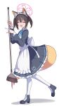  1girl absurdres alternate_costume animal_ear_fluff animal_ears apron black_dress black_footwear black_hair blue_archive blush boots closed_eyes dress enmaided facing_viewer fang fox_ears fox_tail frilled_apron frills full_body halo highres izuna_(blue_archive) izunasuki_art long_sleeves maid maid_apron maid_headdress open_mouth pantyhose pink_halo puffy_long_sleeves puffy_sleeves short_hair simple_background smile solo tail two_side_up white_apron white_background white_pantyhose 