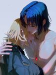  1boy 1girl athrun_zala blonde_hair blue_hair bob_cut cagalli_yula_athha closed_eyes closed_mouth couple covering_with_clothes curly_hair flirting gundam gundam_seed gundam_seed_destiny gundam_seed_freedom highres hug inhouhou jacket jewelry necklace nude pale_skin parted_bangs shaded_face shadow short_hair sleeping sleeping_on_person topless_male upper_body water_drop 
