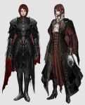  1girl absurdres armor ascot black_cape black_coat black_footwear bloodborne boots cape closed_mouth coat commentary elden_ring english_commentary gauntlets gloves greaves hanneli_(hanny) hanny_(uirusu_chan) high_heel_boots high_heels highres hunter_(bloodborne) multiple_views open_clothes open_coat red_cape red_hair shoulder_armor simple_background tarnished_(elden_ring) two-sided_cape two-sided_fabric two-tone_cape white_ascot white_background white_gloves 