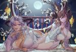  2girls :d animal_ears branch breasts closed_eyes collared_shirt commentary_request dark-skinned_female dark_skin dragon_horns extra_ears fangs fediel_(granblue_fantasy) finger_to_mouth full_moon galleon_(granblue_fantasy) granblue_fantasy grey_hair hair_between_eyes highres horns index_finger_raised large_breasts long_hair lying moon multiple_girls naked_shirt nazo_kitsune on_bed open_mouth partially_unbuttoned pointy_ears purple_eyes round_window shirt smile very_long_hair white_shirt window 