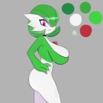  absurd_res big_breasts breasts choker female frown gardevoir generation_3_pokemon grey_background hand_on_hip hi_res hoodoo huge_breasts humanoid jewelry necklace nintendo nipple_slip not_furry pokemon pokemon_(species) side_view simple_background solo 