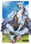  2024 4_toes 5_fingers abs anthro athletic athletic_anthro athletic_male biceps biped blue_body blue_eyes blue_fur canid canine canis countershade_fur countershading feet fingers fur looking_at_viewer male mammal pecs sitting_on_grass solo toes white_body white_countershading white_fur windwttom wolf 