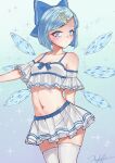  1girl absurdres alternate_costume alternate_hairstyle bangs blue_bow blue_eyes blue_hair blush bob_cut bow cirno closed_mouth commentary crop_top eyebrows_visible_through_hair frilled_shirt frills hair_bow hair_ornament hairclip highres ice ice_wings littiecy looking_at_viewer midriff miniskirt navel pleated_skirt shirt short_hair signature skirt solo sparkle stomach swept_bangs thighhighs touhou white_legwear white_skirt wings zettai_ryouiki 