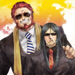  2boys beard black_hair black_jacket black_shirt cigarette collared_jacket collared_shirt facial_hair facing_viewer fate_(series) glint hand_on_another&#039;s_face height_difference highres ikuyoan iskandar_(fate) jacket lapels long_hair lord_el-melloi_ii male_focus mature_male multiple_boys necktie red_hair shirt smile stole striped_necktie suit sunglasses upper_body waver_velvet white_shirt yellow_stole 
