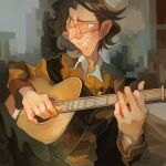  1boy artist_name black_pants brown_hair brown_shirt glasses grin guitar holding holding_instrument instrument liquid_chris male_focus music pants playing_instrument real_life shirt short_hair smile solo sony-shock striped_clothes striped_shirt teeth 