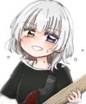  1girl bang_dream! bang_dream!_it&#039;s_mygo!!!!! black_shirt blue_eyes blush commentary_request electric_guitar grin guitar heterochromia highres instrument kaname_raana looking_at_viewer medium_hair open_mouth playing_guitar same_(same_d4) shirt simple_background smile solo sweat upper_body white_background white_hair yellow_eyes 