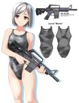  1girl absurdres ar-15 assault_rifle black_one-piece_swimsuit breasts brown_eyes camouflage clothes_writing commentary_request competition_swimsuit feet_out_of_frame grey_hair gun highleg highleg_swimsuit highres holding holding_gun holding_weapon one-piece_swimsuit original rifle short_hair simple_background small_breasts solo standing swimsuit takafumi translation_request trigger_discipline variant_set weapon white_background 