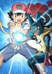  1boy ash_ketchum bangs baseball_cap black_hair blue_jacket brown_eyes commentary dragon_ball dragon_ball_z energy father-son_kamehameha hat highres jacket kamehameha legs_apart looking_at_viewer lucario male_focus mega_lucario mega_pokemon open_mouth parody pokemon pokemon_(anime) pokemon_(creature) pokemon_swsh_(anime) scene_reference shirt short_hair shorts signature sleeveless sleeveless_jacket sungyeah t-shirt tongue white_shirt 