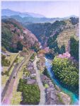  border cherry_blossoms highres kudoyama_(town) mountainous_horizon mugumo_24k no_humans original scenery spring_(season) stream town train valley 