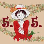  1boy ^_^ black_hair closed_eyes commentary_request dated flower happy hat highres monkey_d._luffy one_piece open_clothes open_shirt red_shirt scar scar_on_chest scar_on_face shirt short_hair signature smile solo stella_opasl straw_hat teeth upper_body 