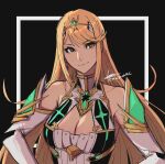  1girl bangs blonde_hair breasts cleavage cleavage_cutout clothing_cutout cm_lynarc commentary dark_background detached_sleeves earrings eyebrows_visible_through_hair hair_ornament highres jewelry large_breasts long_hair looking_at_viewer mythra_(xenoblade) signature solo swept_bangs upper_body xenoblade_chronicles_(series) xenoblade_chronicles_2 yellow_eyes 