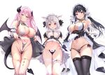  3girls animal_ears armpits bare_shoulders black_choker black_dress black_hair black_panties black_skirt black_thighhighs blue_eyes breasts bridal_garter bridal_gauntlets cameltoe cat_ears cat_girl cat_tail character_request choker cleavage closed_mouth clothes_lift criss-cross_halter demon_girl demon_horns demon_tail demon_wings dress dress_lift earrings elbow_gloves elf frilled_dress frills gloves groin hair_between_eyes haishiki halterneck highleg highleg_panties highres horns inemuri_hitsuji jewelry large_breasts lifting_own_clothes lingerie long_hair long_skirt looking_at_viewer maid maid_headdress miniskirt mole mole_on_breast multiple_girls navel open_mouth panties pink_hair pointy_ears purple_eyes red_eyes revealing_clothes see-through short_hair short_sleeves showgirl_skirt side-tie_panties simple_background single_thighhigh skindentation skirt sleeveless smile stomach strap_gap string_panties tail thighhighs thighs thong underwear white_background white_gloves white_hair white_thighhighs wing_collar wings 