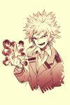  1boy :d bakugou_katsuki blazer boku_no_hero_academia brown_background brown_theme collared_shirt commentary_request cropped_torso dress_shirt explosion hand_up highres jacket long_sleeves looking_at_viewer makihitsuji male_focus monochrome open_mouth school_uniform shirt smile solo spiked_hair u.a._school_uniform upper_body v-shaped_eyebrows 