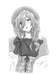  1girl bare_shoulders beret blush braid commentary_request dress fashion go-toubun_no_hanayome greyscale hair_between_eyes hair_over_shoulder hat highres long_hair long_hair_between_eyes looking_at_viewer monochrome nakano_miku off-shoulder_dress off_shoulder parted_lips simple_background solo upper_body white_background yu_(flowerbird3830) 