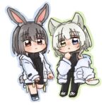  2girls animal_ears bang_dream! bang_dream!_it&#039;s_mygo!!!!! black_pants black_shirt blue_eyes blue_outline cat_ears cat_girl cat_tail closed_mouth flying_sweatdrops full_body green_outline grey_hair heterochromia highres jacket kaname_raana looking_at_viewer multiple_girls off_shoulder open_clothes open_jacket outline pants parted_lips rabbit_ears rabbit_girl rabbit_tail red_eyes same_(same_d4) shirt short_hair simple_background sleeveless sleeveless_shirt tail takamatsu_tomori white_background white_jacket yellow_eyes 