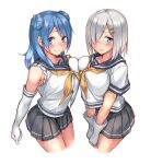  2girls black_sailor_collar black_skirt blue_eyes blue_hair blush breast_press breasts closed_mouth double_bun elbow_gloves embarrassed fumikiri gloves hair_ornament hair_over_one_eye hairclip hamakaze_(kancolle) kantai_collection large_breasts long_hair looking_at_viewer medium_hair miniskirt multiple_girls neckerchief one_eye_covered pleated_skirt sailor_collar school_uniform serafuku shirt short_sleeves simple_background skirt sleeves_rolled_up smile symmetrical_docking urakaze_(kancolle) white_background white_gloves white_shirt yellow_neckerchief 