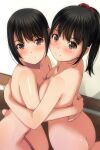  2girls absurdres ass asymmetrical_docking bangs black_hair blush breast_press breasts brown_hair cleavage closed_mouth collarbone completely_nude eyebrows_visible_through_hair hair_ornament hair_scrunchie highres hug kneehighs long_hair looking_at_viewer matsunaga_kouyou medium_breasts multiple_girls nude original ponytail scrunchie simple_background small_breasts smile white_background wooden_floor yuri 