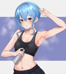  1girl arm_up armpits bangs bare_shoulders black_sports_bra blue_eyes blue_hair blush bottle breasts cleavage collarbone emor18_shikeko eyebrows_visible_through_hair hair_between_eyes hat highres holding holding_bottle hololive hoshimachi_suisei looking_at_viewer medium_hair midriff navel open_mouth pants side_ponytail sidelocks small_breasts solo sports_bra steaming_body sweat two-tone_background virtual_youtuber water_bottle yoga_pants 