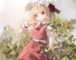  1girl 3: arm_at_side ascot bangs beige_background blonde_hair blurry blurry_background blush bush closed_mouth cowboy_shot depth_of_field eyebrows_visible_through_hair flandre_scarlet grey_background hand_up hat hat_ribbon head_tilt highres long_hair looking_at_viewer looking_to_the_side mob_cap nail_polish no_pupils outdoors plant red_eyes red_nails red_ribbon red_skirt red_vest reddizen ribbon short_sleeves side_ponytail skirt skirt_set solo standing touhou vest white_headwear wing_collar wrist_cuffs yellow_ascot 