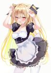  1girl :d animal_ear_fluff animal_ear_legwear animal_ears apron arms_up black_bow black_dress blonde_hair blush bow breasts cat_ear_legwear cat_ears cleavage collarbone commentary_request dress fang grey_background hair_bow long_hair looking_at_viewer maid medium_breasts open_mouth original pleated_dress pon_(ponidrop) puffy_short_sleeves puffy_sleeves red_eyes short_sleeves simple_background smile solo thighhighs two_side_up very_long_hair white_apron white_legwear 