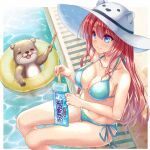  1girl bikini blue_bikini blue_eyes breasts commentary_request food halterneck hat innertube large_breasts long_hair minase_(dragon_panda) original otter popsicle red_hair side-tie_bikini sitting solo string_bikini sun_hat swimsuit white_hair 