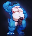  2015 3_toes anthro balls big_balls big_penis black_background black_balls black_foreskin black_glans black_penis blue_body blue_eyes blue_hair blue_skin cyan_yoshi dinosaur erection eyewear feet flexing flexing_bicep foreskin front_view genitals glans glasses hackel hackelrex hair humanoid_genitalia humanoid_penis hybrid krokodainer loose_foreskin male mario_bros moobs multicolored_body multicolored_skin musclegut muscular muscular_arms nails navel nintendo nipples nude overweight overweight_anthro overweight_male penis prehistoric_species red_nipples reflection reflective_floor reptile scalie short_tail simple_background solo standing tail theropod toenails toes two_tone_body two_tone_skin tyrannosaurid tyrannosauroid tyrannosaurus tyrannosaurus_rex white_body white_skin yoshi 