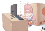  1girl ahoge animal_ears bare_arms black_choker box cardboard_box cat_ears choker from_side glasses grin highres hinata_channel indian_style kamkac keyboard_(computer) long_hair low_twintails monitor mouse_(computer) nekomiya_hinata pink_hair purple_eyes semi-rimless_eyewear shirt simple_background sitting smile solo striped striped_legwear thighhighs tied_shirt translation_request twintails twitter_username under-rim_eyewear white_background white_shirt wristband 