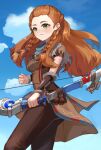  1girl ahoge aloy_(horizon) ass bangs_pinned_back blue_sky blurry bow_(weapon) brown_hair brown_pants cloud cloudy_sky commentary_request depth_of_field forehead genshin_impact green_eyes highres holding holding_bow_(weapon) holding_weapon horizon_zero_dawn long_hair looking_away pants short_sleeves sidelocks sky smile solo weapon xishuu_(user_dvah3828) 