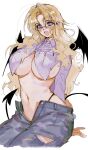  1girl :3 blonde_hair blue_eyes blue_pants blush breasts collared_shirt crop_top demon_tail demon_wings ear_piercing glasses highres large_breasts leaning_back long_hair long_sleeves midriff navel open_fly open_mouth original pants piercing purple_shirt shirt simple_background sitting sketch solo soreeyu_(sore-yu) tail torn_clothes torn_pants torn_shirt underboob white_background wings 