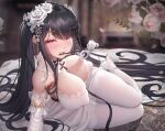  1girl azur_lane bangs black_hair breasts bridal_gauntlets covered_nipples curvy dress drooling elbow_gloves flower gloves hair_flower hair_ornament large_breasts licking long_hair looking_at_viewer lying naughty_face official_alternate_costume on_side pantyhose peter_strasser_(a_moment_frozen_in_pure_white)_(azur_lane) peter_strasser_(azur_lane) plump red_eyes rhasta saliva skin_tight skindentation thighs tongue tongue_out twintails very_long_hair wedding_dress white_gloves white_legwear 
