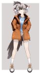  1girl absurdres alenka bike_shorts bird_girl bird_wings black_hair blue_shirt eyebrows_visible_through_hair feather_hair_ornament feathers full_body greater_roadrunner_(kemono_friends) green_eyes grey_hair grey_shorts hair_ornament hands_in_pockets head_wings highres jacket kemono_friends kemono_friends_2 long_sleeves looking_at_viewer multicolored_hair orange_jacket shirt shoes short_hair shorts sneakers socks solo t-shirt white_footwear white_legwear wings 