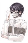  1boy 3_1_21 adjusting_eyewear black-framed_eyewear black_hair glasses hair_between_eyes hand_on_own_elbow jacket looking_afar mask mizuki_hajime mouth_mask purple_eyes short_hair solo surgical_mask tennis_no_ouji-sama track_jacket wavy_hair white_background 