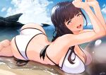  1girl ass bangs bikini black_hair blue_sky blunt_bangs blush breast_press breasts cloud cloudy_sky day eyebrows_visible_through_hair large_breasts long_hair looking_at_viewer lower_teeth lying nanahime on_stomach open_mouth original purple_eyes shore sky solo swimsuit teeth water white_bikini 