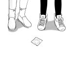  2girls commentary condom condom_wrapper english_commentary greyscale highres lakilolom loafers monochrome multiple_girls original out_of_frame shadow shoes socks standing white_background 