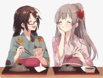  2girls brown_hair chopsticks closed_eyes commentary_request eating flower glasses green_kimono hair_flower hair_ornament hanetsuka highres idolmaster idolmaster_shiny_colors japanese_clothes kimono mitsumine_yuika multiple_girls pink_kimono red-framed_eyewear silver_hair yuukoku_kiriko 