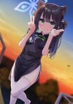  1girl :p animal_ear_fluff animal_ears arms_up bangs black_dress black_hair blue_archive blunt_bangs china_dress chinese_clothes cloud double_v dress dusk furannsupaku green_eyes highres leg_lift long_hair md5_mismatch outdoors resolution_mismatch short_sleeves shun_(blue_archive) sky smile solo source_larger standing standing_on_one_leg thighhighs thighs tiger_ears tiger_girl tongue tongue_out twintails v white_legwear 