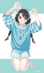  1girl alternate_costume alternate_hairstyle black_hair blue_eyes braid glasses hair_ornament hair_ribbon hairband highres idolmaster idolmaster_shiny_colors long_braid long_hair mitsumine_yuika pajamas ribbon saka_nanato simple_background smile solo twin_braids twitter_username 