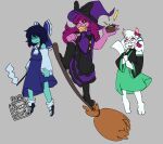 1boy 1girl 1other apron boots bow broom broom_riding buttons commentary_request cosplay deltarune detached_sleeves dress frilled_dress frills frog_hair_ornament gohei hair_ornament hakurei_reimu hakurei_reimu_(cosplay) hat hat_bow kirisame_marisa kirisame_marisa_(cosplay) kochiya_sanae kochiya_sanae_(cosplay) kris_(deltarune) long_hair mini-hakkero naominori nontraditional_miko ralsei shirt short_sleeves sleeveless sleeveless_shirt snake_hair_ornament susie_(deltarune) touhou waist_apron witch_hat yellow_eyes 