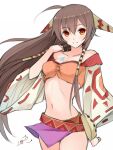  1girl breasts brown_hair cosplay feena_(grandia) feena_(grandia)_(cosplay) grandia grandia_i hair_tubes jewelry long_hair looking_at_viewer low-tied_long_hair midriff mkmkproject navel necklace simple_background skirt smile solo virtual_youtuber white_background yaezawa_natori 