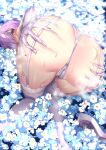  1girl absurdres ass ass_grab bent_over cameltoe elbow_gloves fate/grand_order fate_(series) field flower fujisaki_eru garter_straps gloves hair_over_one_eye high_heels highres lace_trim looking_at_viewer looking_back mash_kyrielight panties purple_eyes purple_hair shoes shoes_removed short_hair solo sweat thighhighs top-down_bottom-up underwear 