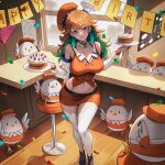  1girl beret bird birthday_cake bow_choker breasts cake cake_slice chef_hat chicken choker commentary commission earrings feather_earrings feathers food green_choker green_hair happy_birthday hat highres holding holding_food hololive hololive_english jewelry kfp kfp_employee_(takanashi_kiara) large_breasts long_hair looking_at_viewer midriff mini_chef_hat multicolored_hair multiple_hats navel orange_hair orange_hat orange_skirt purple_eyes seventeencrows skirt smile solo takanashi_kiara takanashi_kiara_(1st_costume) thighhighs virtual_youtuber white_thighhighs 