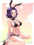  1girl animal_ears artist_name bikini black_bikini black_neckwear black_shorts commentary_request detached_collar grand_blue hair_intakes hamaoka_azusa kyou_fumei looking_at_viewer open_mouth playboy_bunny purple_eyes purple_hair rabbit_ears rabbit_tail short_hair short_shorts shorts sitting solo swimsuit tail teeth upper_teeth wariza wavy_hair wrist_cuffs 