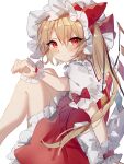  1girl arm_support bangs blonde_hair blush bow closed_mouth commentary crystal expressionless eyebrows_visible_through_hair flandre_scarlet foot_out_of_frame from_side hair_between_eyes hair_bow hat highres knees_up looking_at_viewer mob_cap one_side_up petticoat puffy_short_sleeves puffy_sleeves red_bow red_eyes red_skirt red_vest short_hair short_sleeves simple_background skirt solo sorani_(kaeru0768) touhou vest white_background white_headwear wings wrist_cuffs 