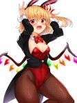  1girl :d \||/ alternate_costume animal_ears ass_visible_through_thighs bangs black_jacket blonde_hair blush bow bowtie breasts bunny_pose commentary_request covered_navel crystal daichi_(tokoya) detached_collar eyebrows_visible_through_hair fake_animal_ears fang feet_out_of_frame fishnet_legwear fishnets flandre_scarlet hair_between_eyes hair_bow hand_up highres jacket leotard long_sleeves looking_at_viewer no_hat no_headwear one_side_up open_mouth rabbit_ears red_bow red_bowtie red_eyes red_leotard short_hair simple_background small_breasts smile solo standing standing_on_one_leg strapless strapless_leotard suit_jacket touhou white_background wings 