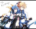  1boy 1girl bangs bare_shoulders belt blonde_hair blue_hair breasts character_name choker collarbone couple dated detached_sleeves dizzy_(guilty_gear) english_text guilty_gear guilty_gear_vastedge_xt guilty_gear_xrd hair_between_eyes hair_ribbon hetero holding_hands kuro_goma_(kakkou11) ky_kiske looking_at_another magnolia_eclair_ii midriff navel open_mouth ponytail ribbon sheath sheathed short_shorts shorts sideboob simple_background skull_print sword tail tail_ornament tail_ribbon twintails weapon white_background yellow_ribbon 