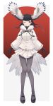  1girl absurdres alenka bird_girl bird_tail bird_wings black-headed_ibis_(kemono_friends) black_footwear black_gloves black_hair black_legwear black_ribbon blush bow bowtie braid eyebrows_visible_through_hair frilled_sleeves frills full_body fur_collar gloves head_wings highres kemono_friends long_hair long_sleeves mary_janes neck_ribbon one_eye_closed pantyhose pleated_skirt ribbon shirt shoes skirt solo tail twin_braids white_fur white_shirt white_skirt wings 