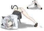  1girl absurdres animal_ears ass black_skirt blush cameltoe cat_ears cat_tail closed_mouth green_eyes highres jack-o&#039;_challenge looking_at_viewer military military_uniform multiple_views panties pleated_skirt sanya_v._litvyak short_hair side-tie_panties silver_hair simple_background skirt smile strike_witches tail underwear uniform white_background world_witches_series yellow_panties yui5306 